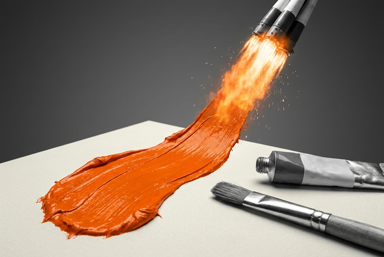 Rocket engine painting a bold orange stroke onto a canvas, representing creative momentum